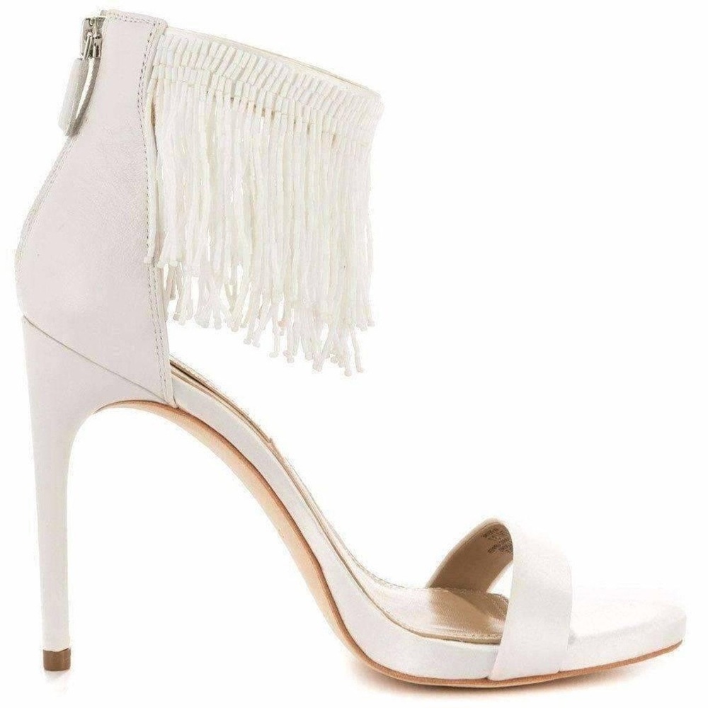 BCBG white tassel sandal heels